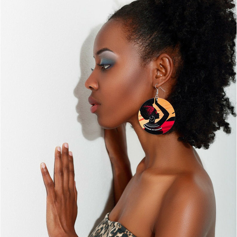 Wooden African woman painted earrings, traditional crafted earrings