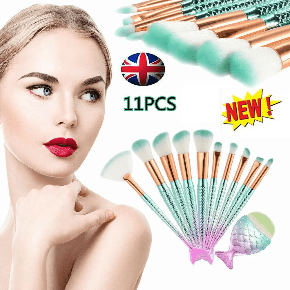 11pcs mermaid-gradient blue with fan-shaped makeup brush - VirtuousWares:Global