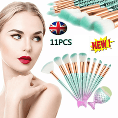 11pcs mermaid-gradient blue with fan-shaped makeup brush - VirtuousWares:Global