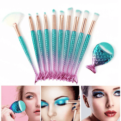 11pcs mermaid-gradient blue with fan-shaped makeup brush - VirtuousWares:Global