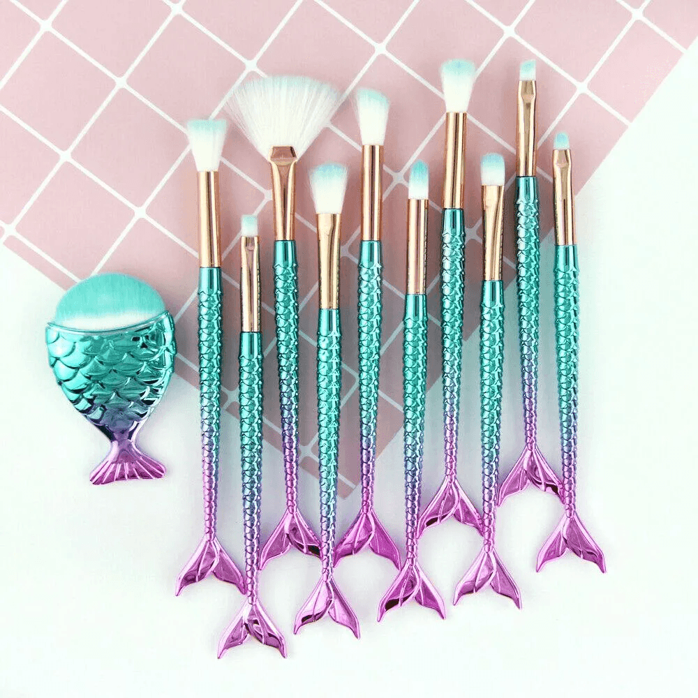 11pcs mermaid-gradient blue with fan-shaped makeup brush - VirtuousWares:Global