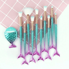 11pcs mermaid-gradient blue with fan-shaped makeup brush - VirtuousWares:Global