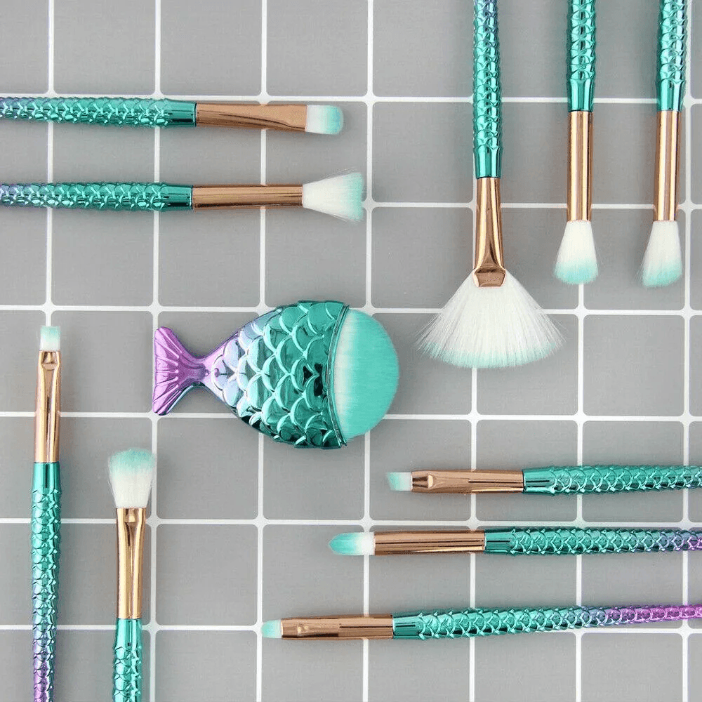 11pcs mermaid-gradient blue with fan-shaped makeup brush - VirtuousWares:Global