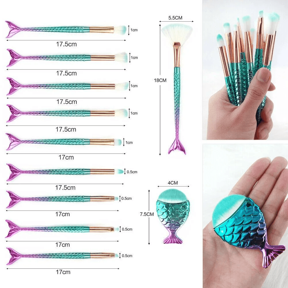 11pcs mermaid-gradient blue with fan-shaped makeup brush - VirtuousWares:Global