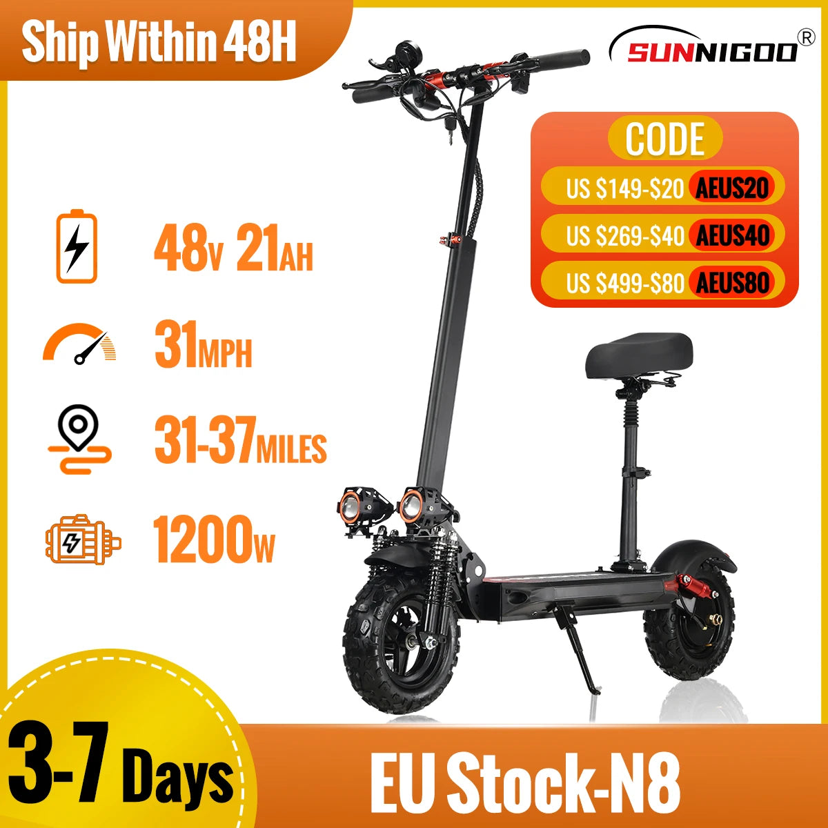 1200W Powerful Electric Scooter 48V 21Ah 31Mph 31-37Miles Range 11'' Tires Dual Shock Absorbing Folding EScooter for Adults - VirtuousWares:Global