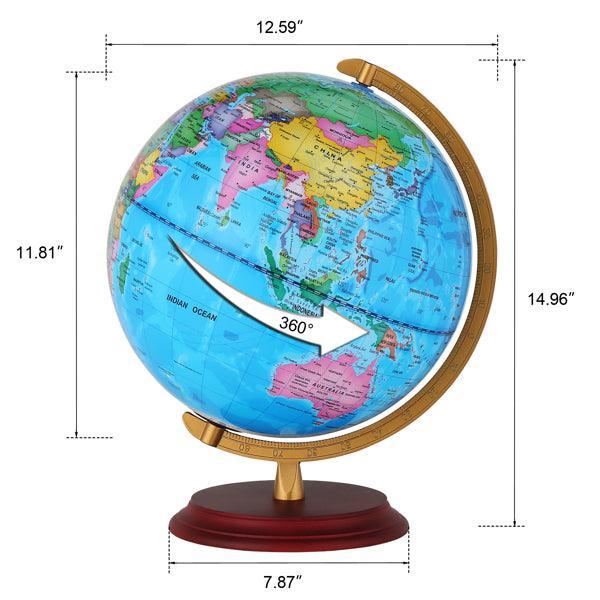 13in With Scale AR LED Light Globe ABS Sphere Wooden Base Political - VirtuousWares:Global