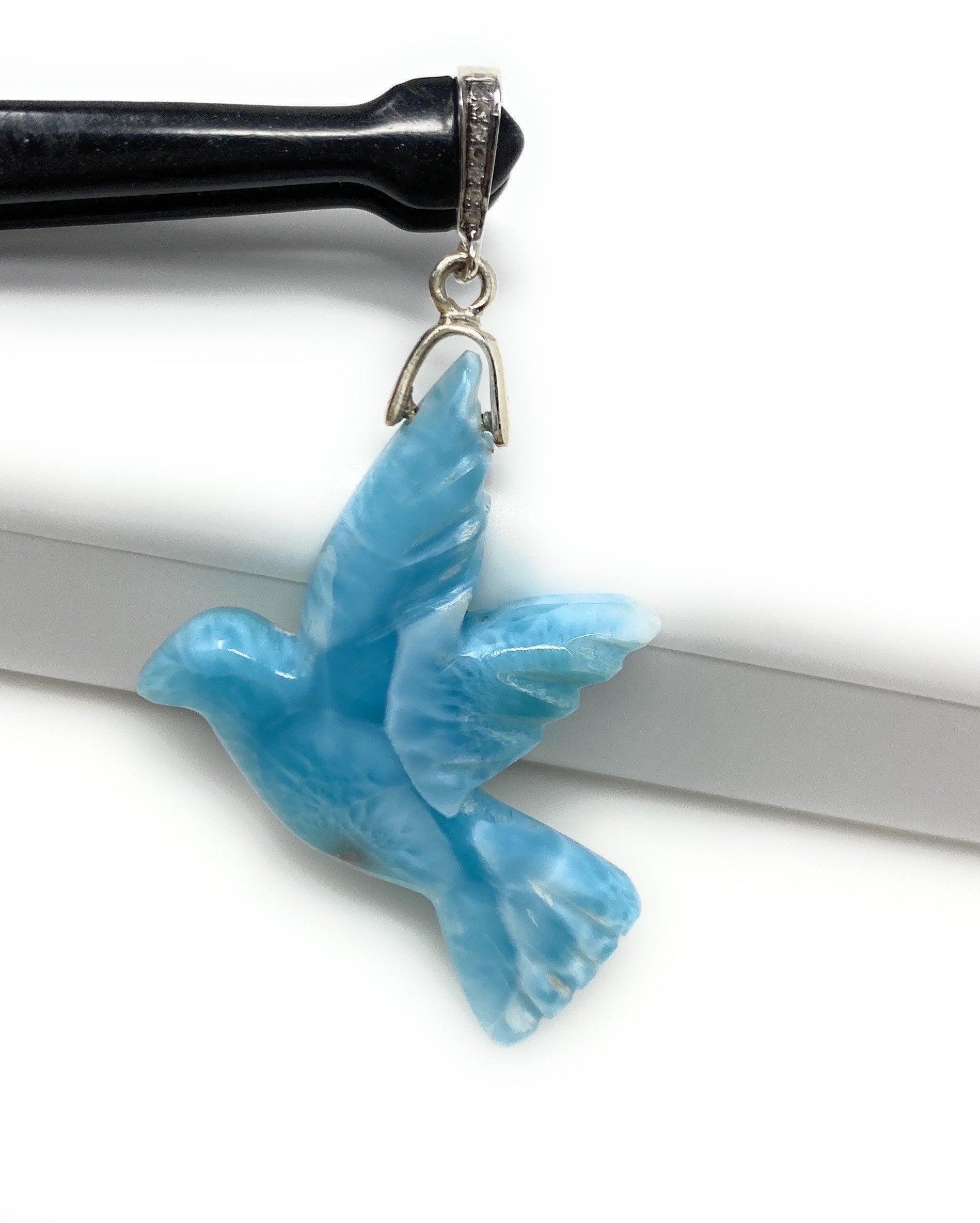 14g Rare Large Larimar Bird Pave Diamond Pendant, Silver Bohemian - VirtuousWares:Global