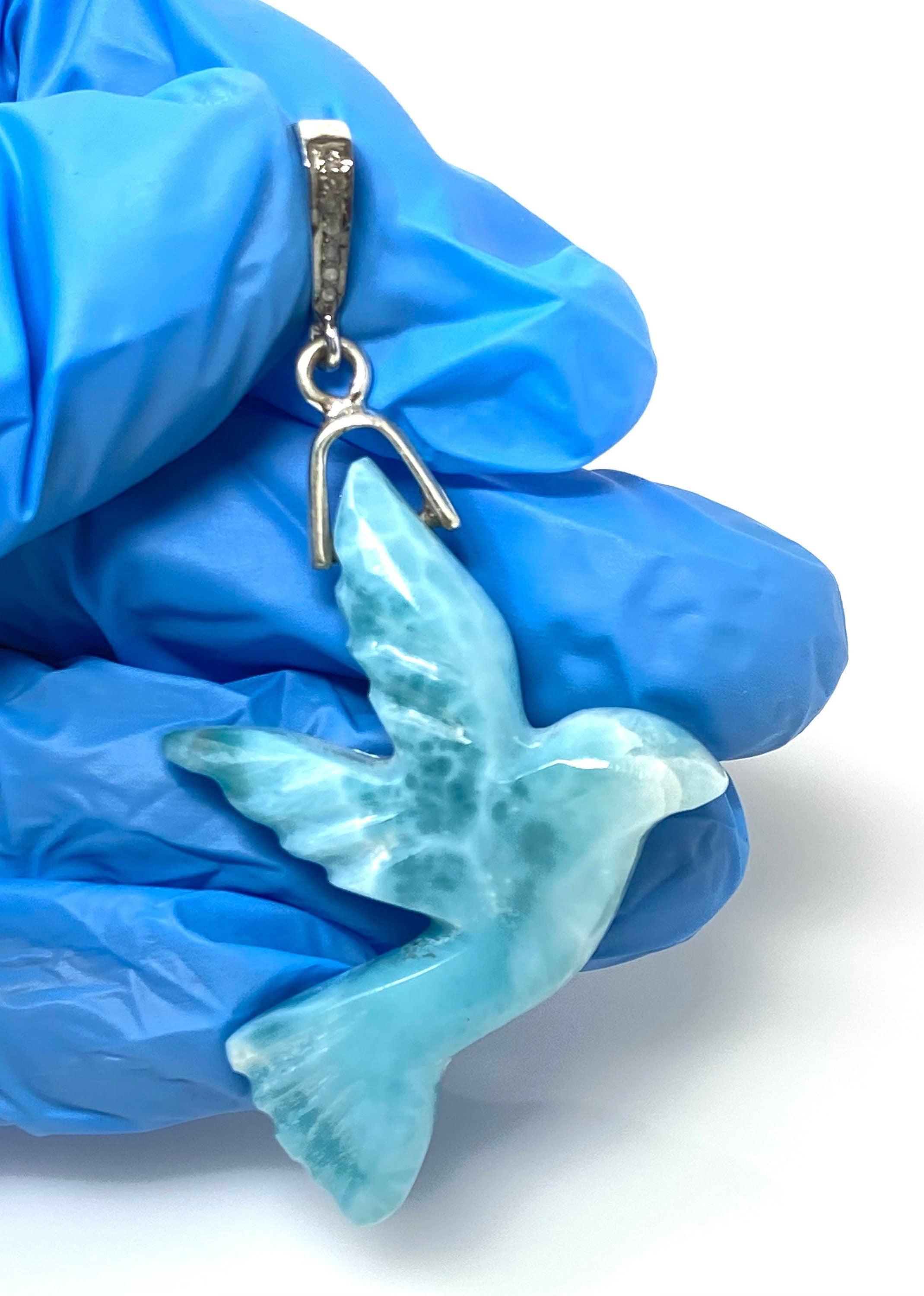 14g Rare Large Larimar Bird Pave Diamond Pendant, Silver Bohemian - VirtuousWares:Global