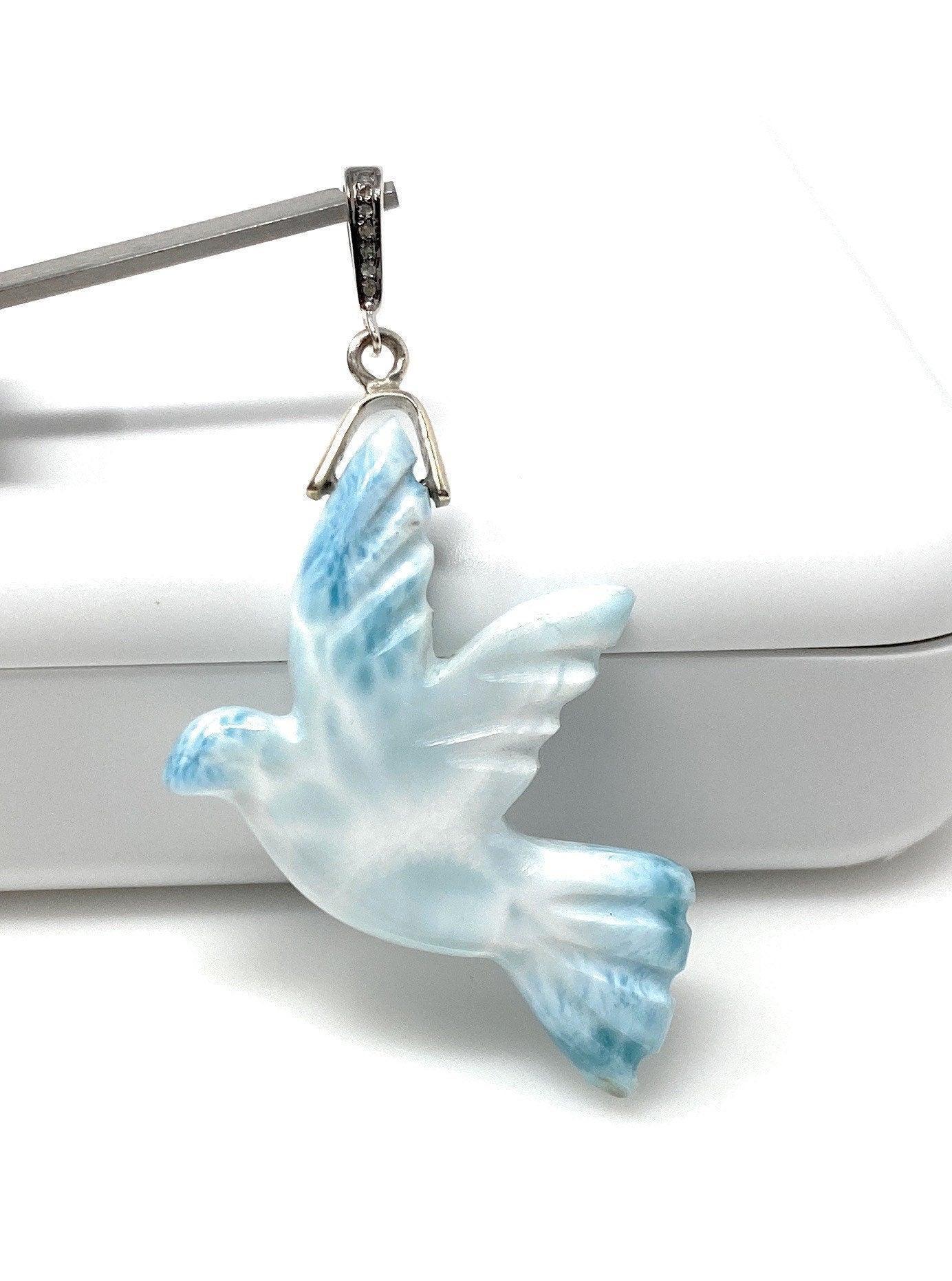 14g Rare Large Larimar Bird Pave Diamond Pendant, Silver Bohemian - VirtuousWares:Global