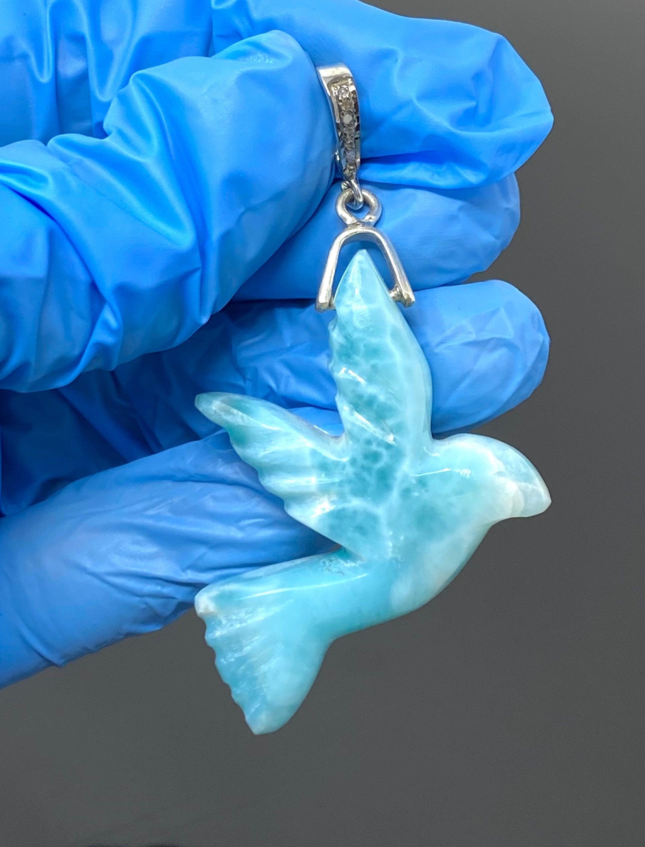 14g Rare Large Larimar Bird Pave Diamond Pendant, Silver Bohemian - VirtuousWares:Global