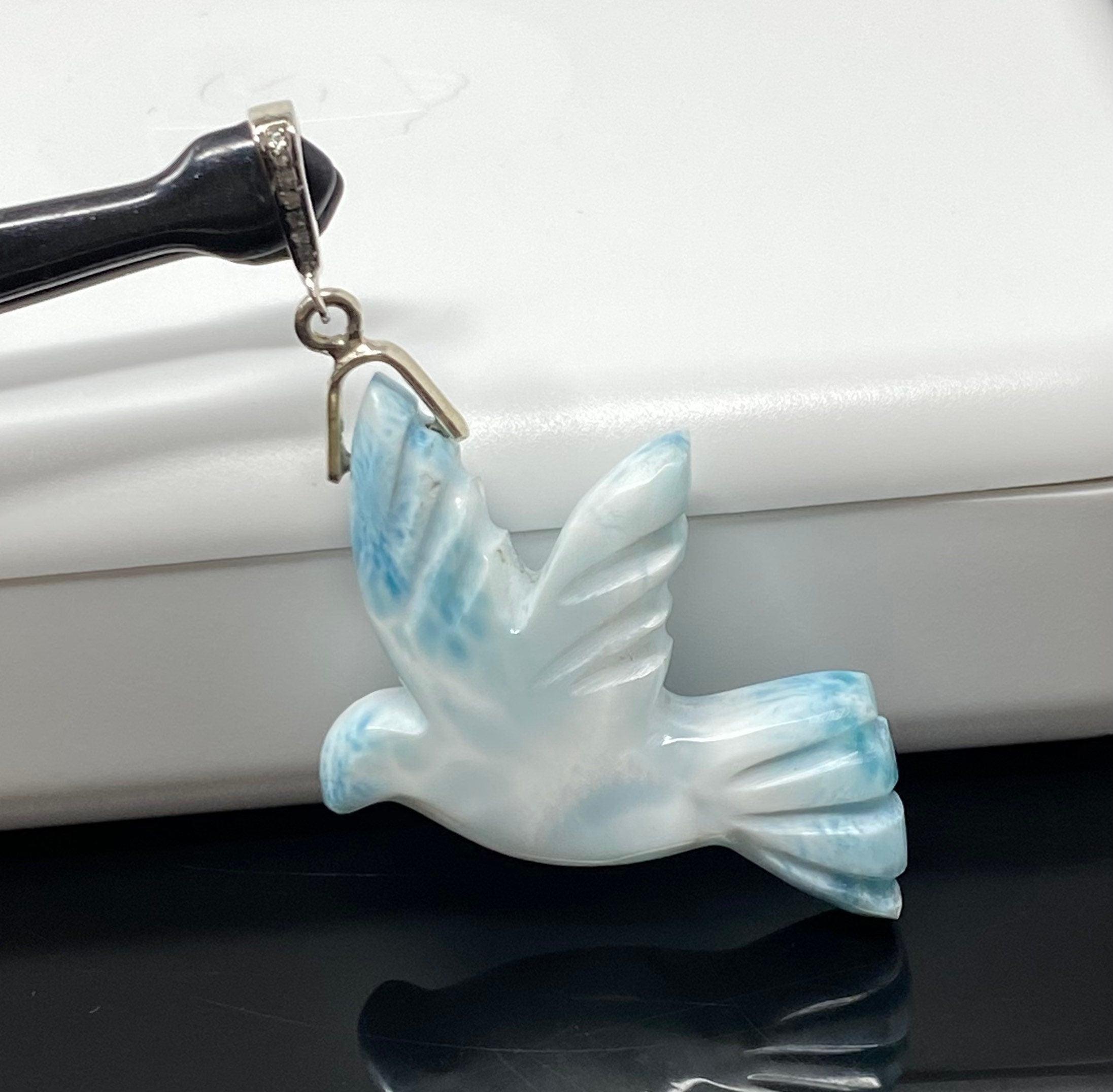 14g Rare Large Larimar Bird Pave Diamond Pendant, Silver Bohemian - VirtuousWares:Global