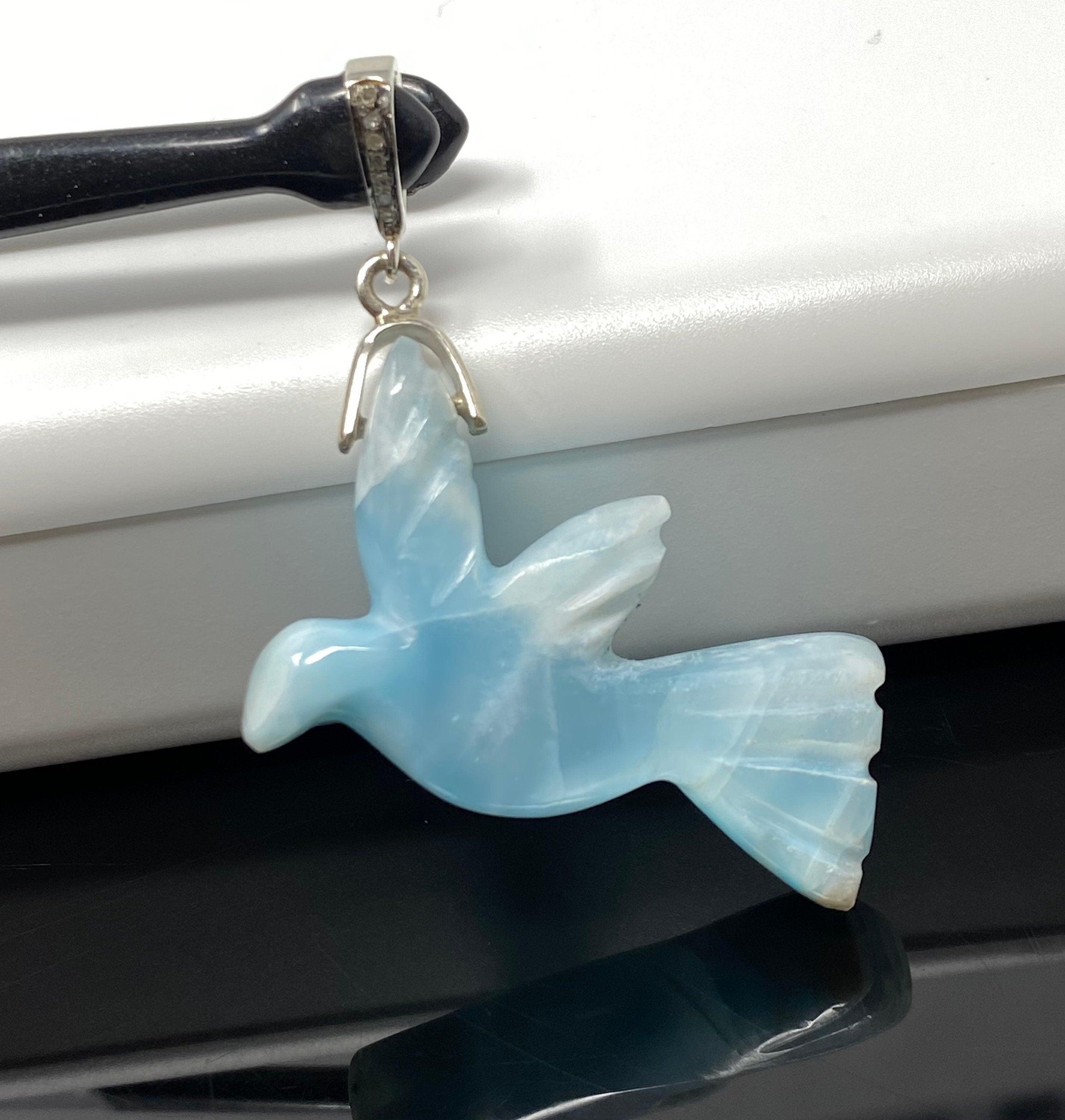14g Rare Large Larimar Bird Pave Diamond Pendant, Silver Bohemian - VirtuousWares:Global