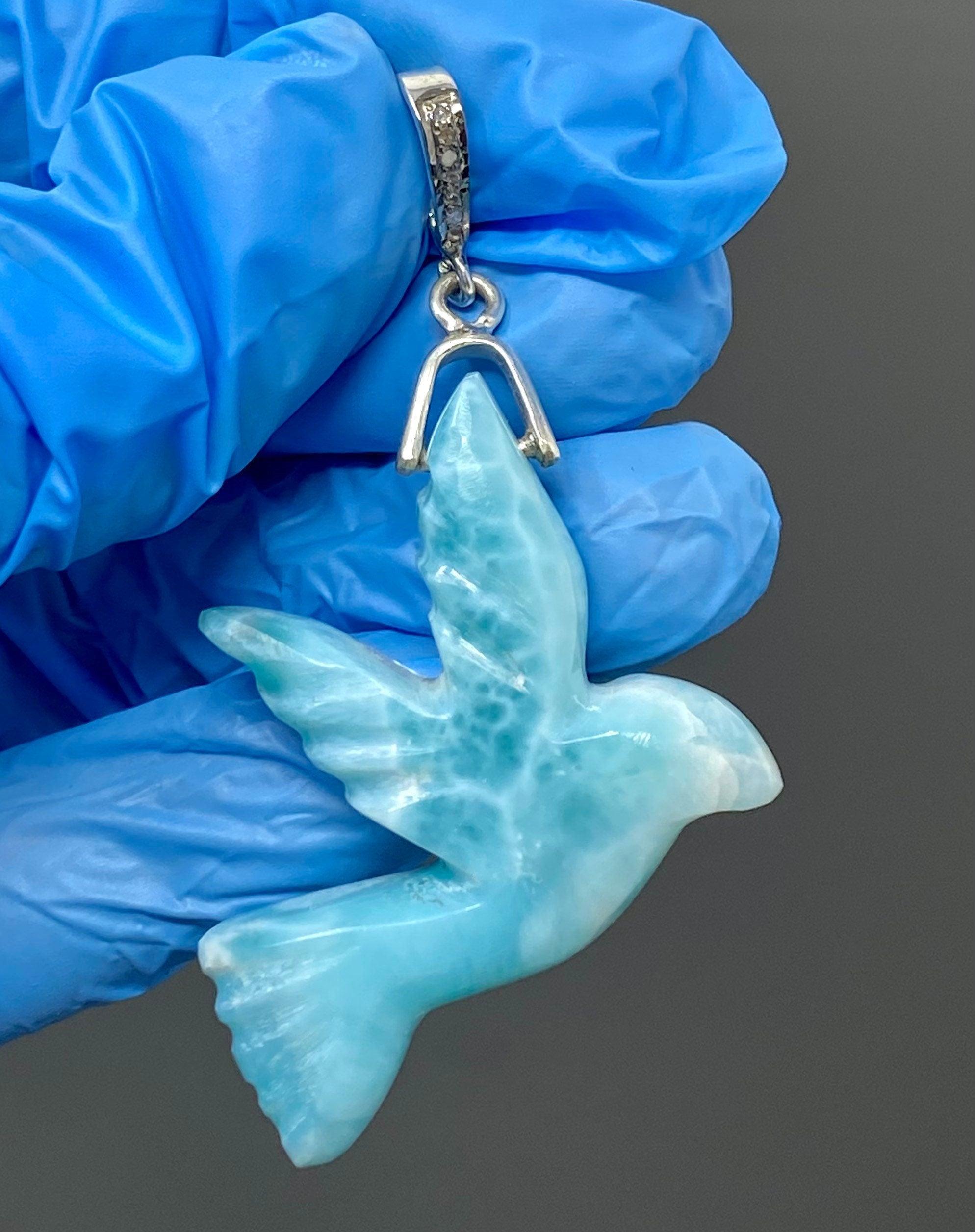14g Rare Large Larimar Bird Pave Diamond Pendant, Silver Bohemian - VirtuousWares:Global