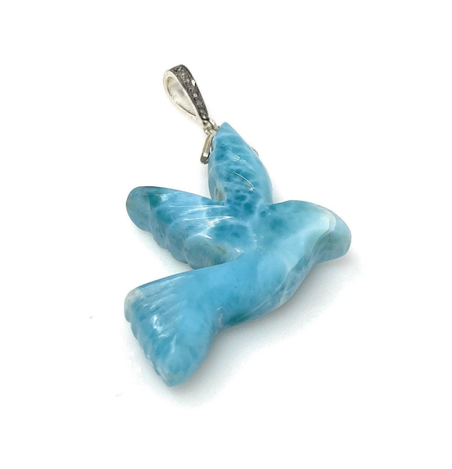 14g Rare Large Larimar Bird Pave Diamond Pendant, Silver Bohemian - VirtuousWares:Global