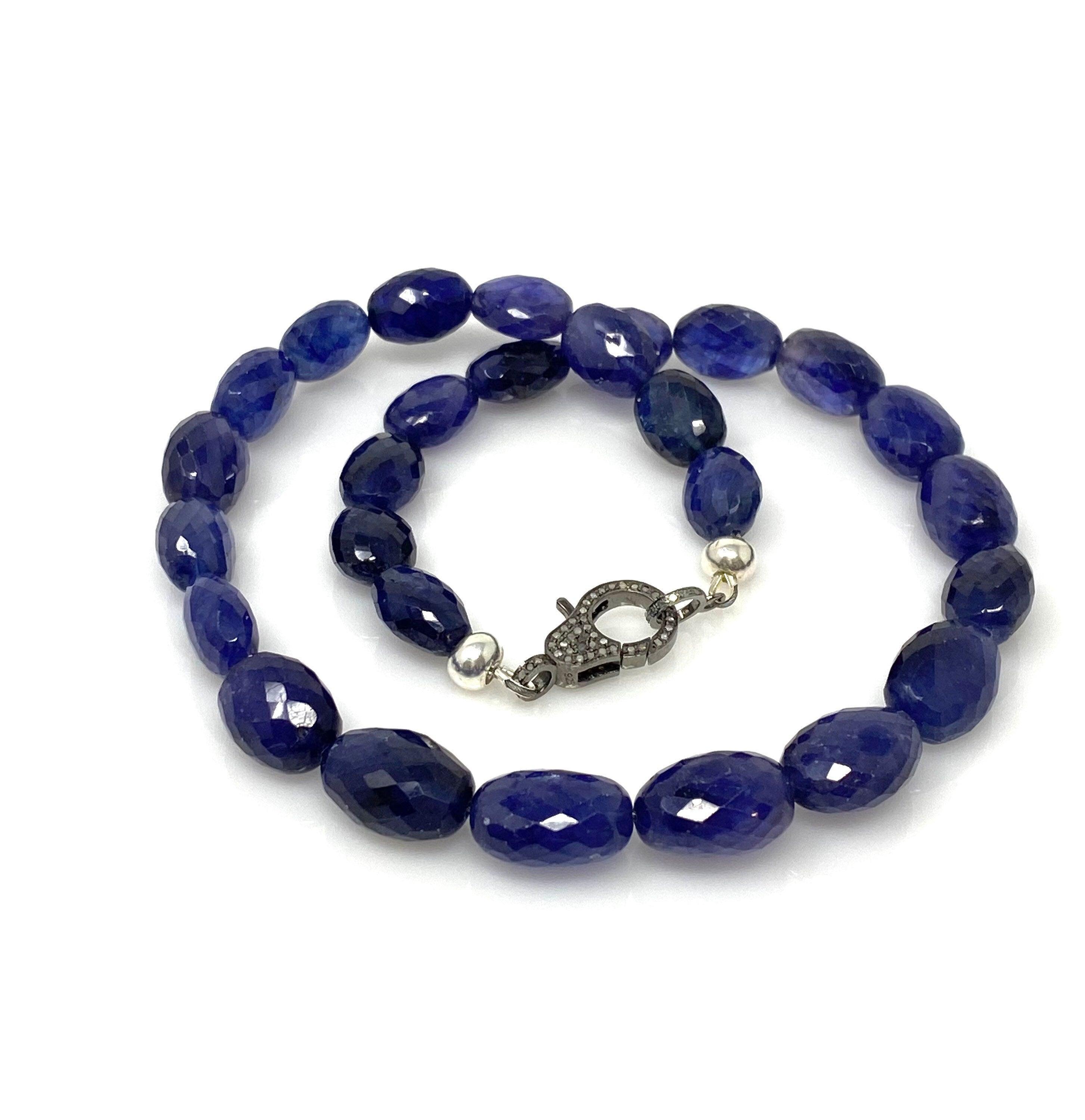 16.85” Genuine Blue Sapphire Necklace with Pave Diamond Clasp, Natural - VirtuousWares:Global