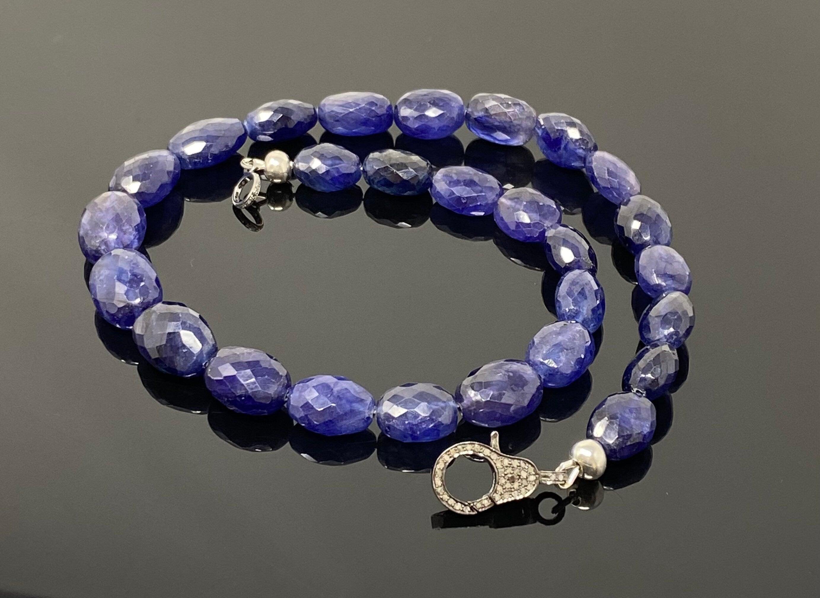 16.85” Genuine Blue Sapphire Necklace with Pave Diamond Clasp, Natural - VirtuousWares:Global