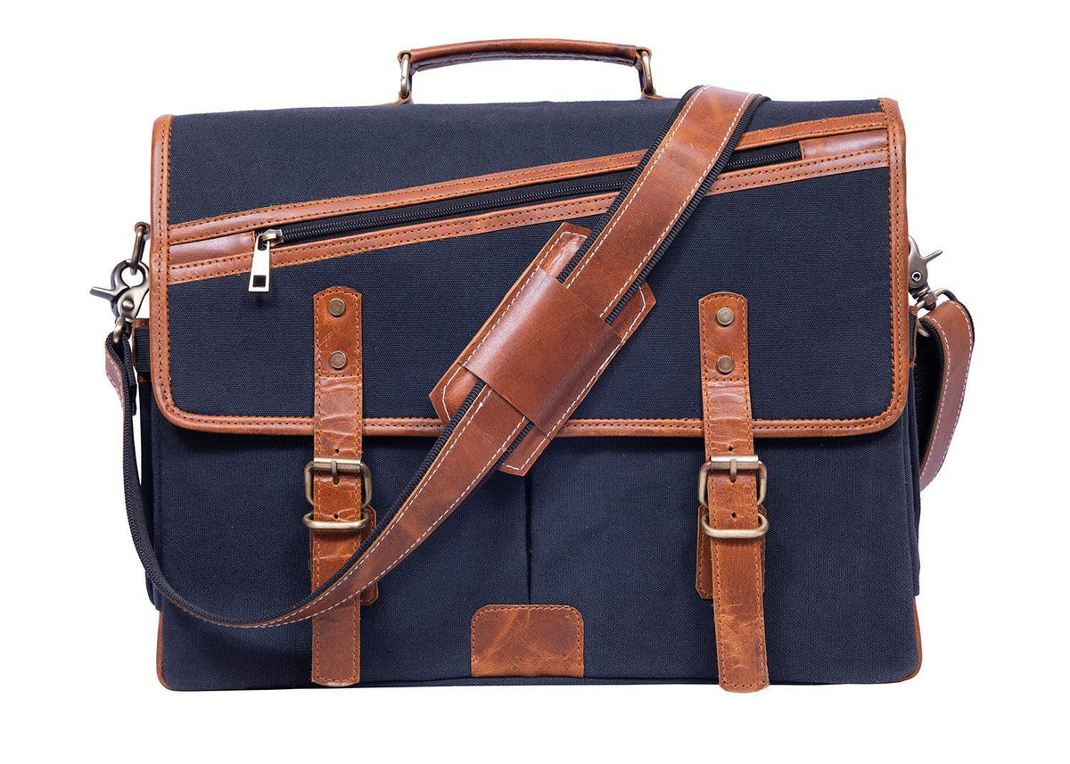 16 Inch Canvas Leather Briefcase Computer Laptop Book Large Satchel - VirtuousWares:Global