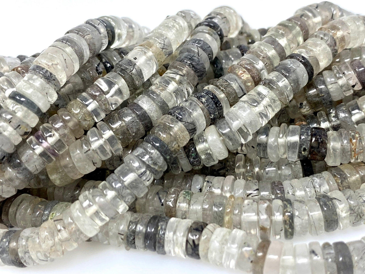 16" Natural Black Rutile Heishi Beads, Tyre Shape Gemstone Beads, - VirtuousWares:Global