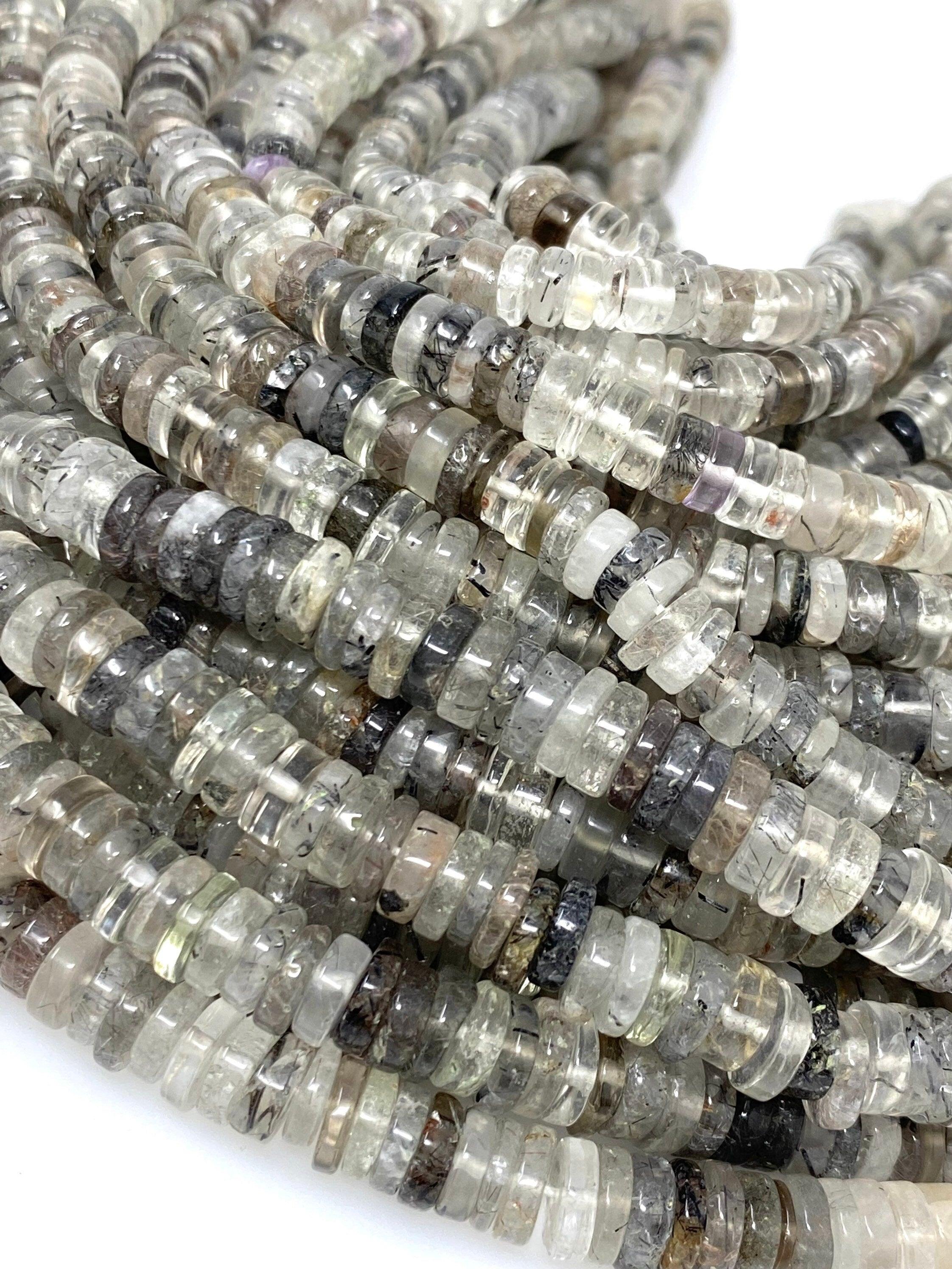 16" Natural Black Rutile Heishi Beads, Tyre Shape Gemstone Beads, - VirtuousWares:Global
