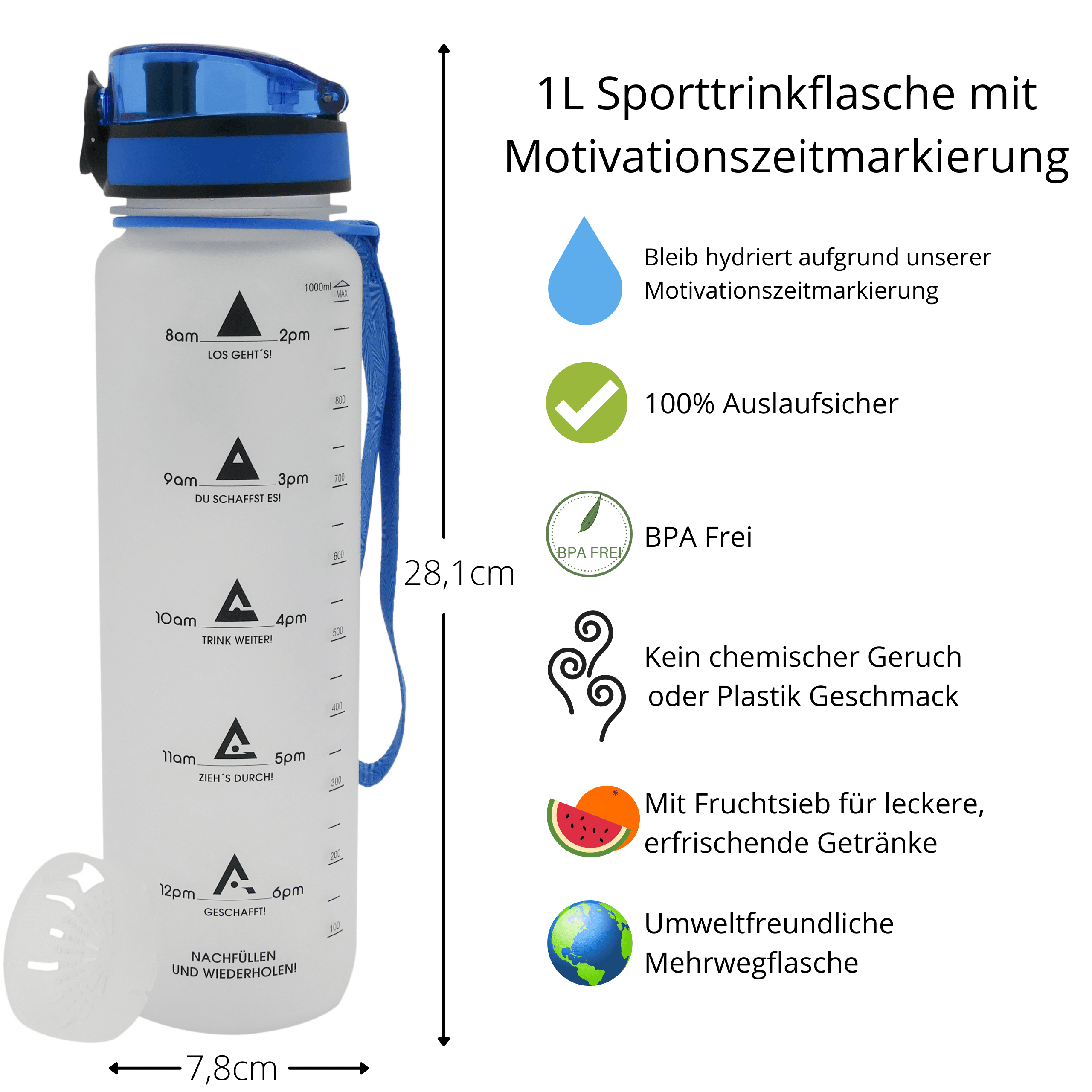 1L Sports Water Bottle with time marker and motivation - VirtuousWares:Global
