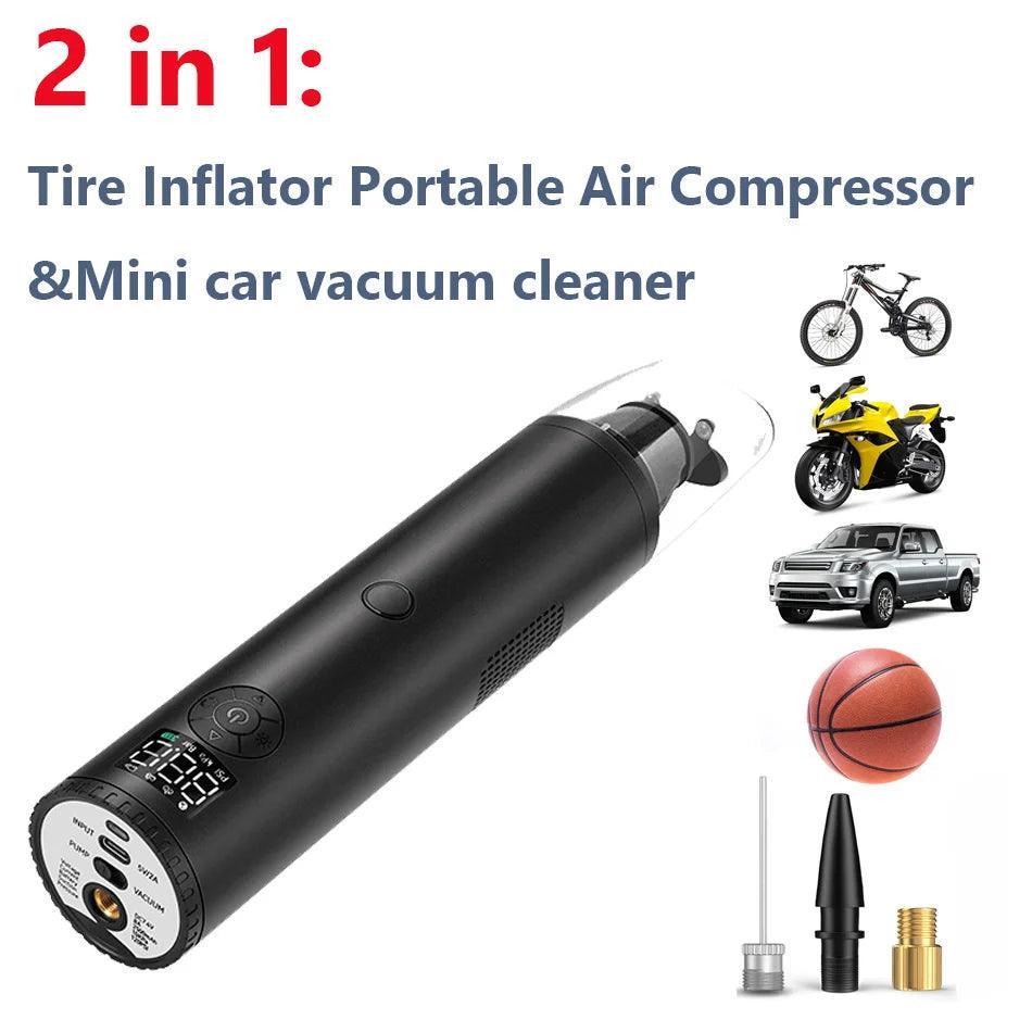 2 in 1 Tire Inflator Portable Air Compressor and Car mounted vacuum - VirtuousWares:Global