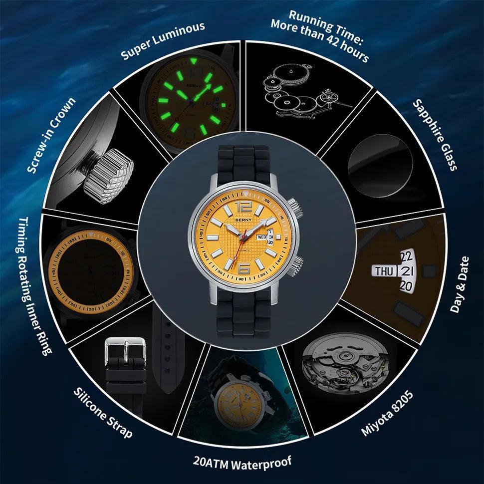 20ATM Diving Automatic Watch Super Waterproof Luminous Sapphire Self - VirtuousWares:Global