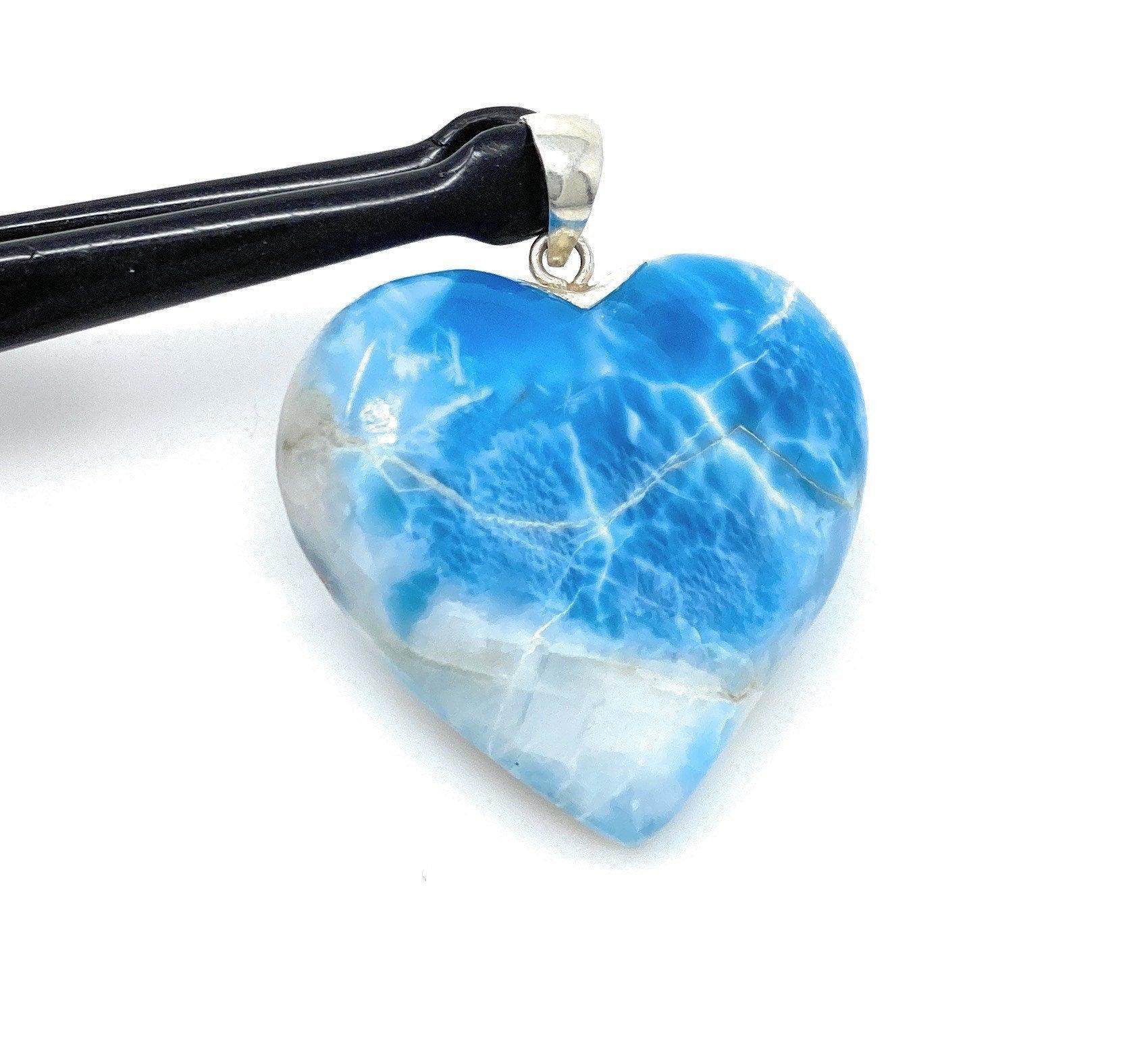 25.8g Larimar Heart Pendant, Large Larimar Sterling Silver Pendant, - VirtuousWares:Global