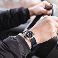 39.5mm field quartz watch with nylon 6 strap in navy blue colour - VirtuousWares:Global