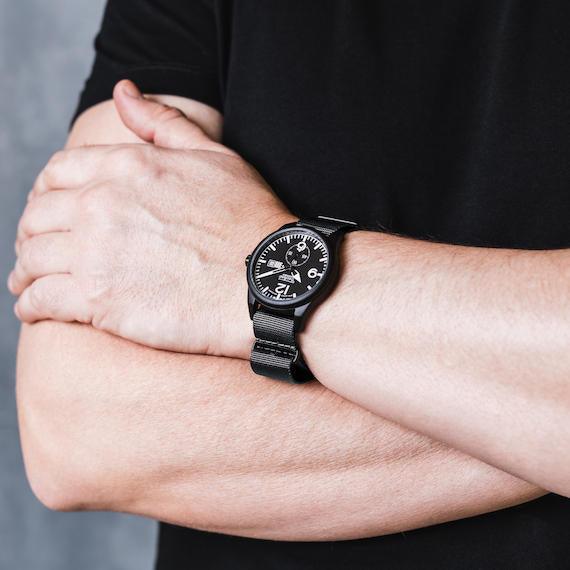 41.0mm tactical quartz watch with nylon 6 strap in grey colour - VirtuousWares:Global