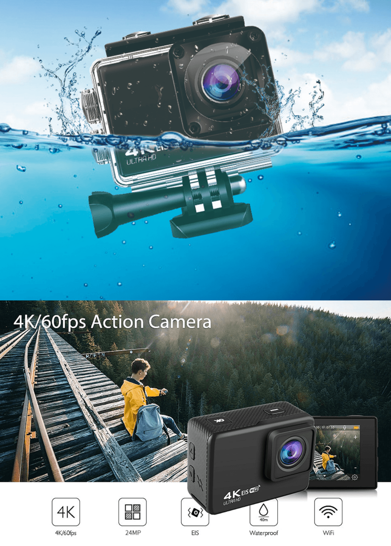 4K 60FPS HD Waterproof Wireless WIFI Sport Action EIS Camera - VirtuousWares:Global