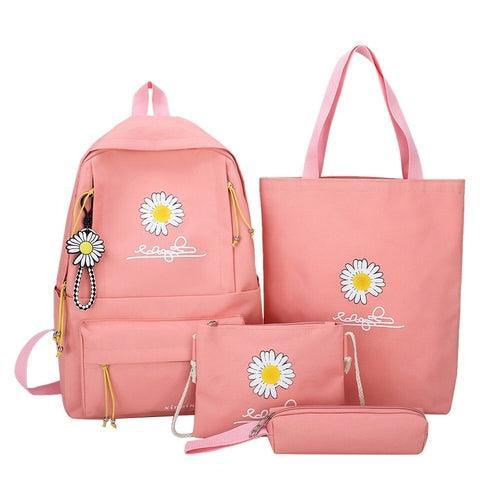 4pcs/Set Preppy Style Daisy Print Backpacks Canvas School Rucksack - VirtuousWares:Global