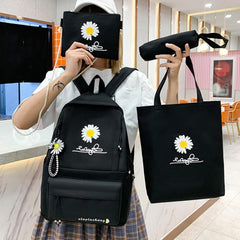 4pcs/Set Preppy Style Daisy Print Backpacks Canvas School Rucksack - VirtuousWares:Global