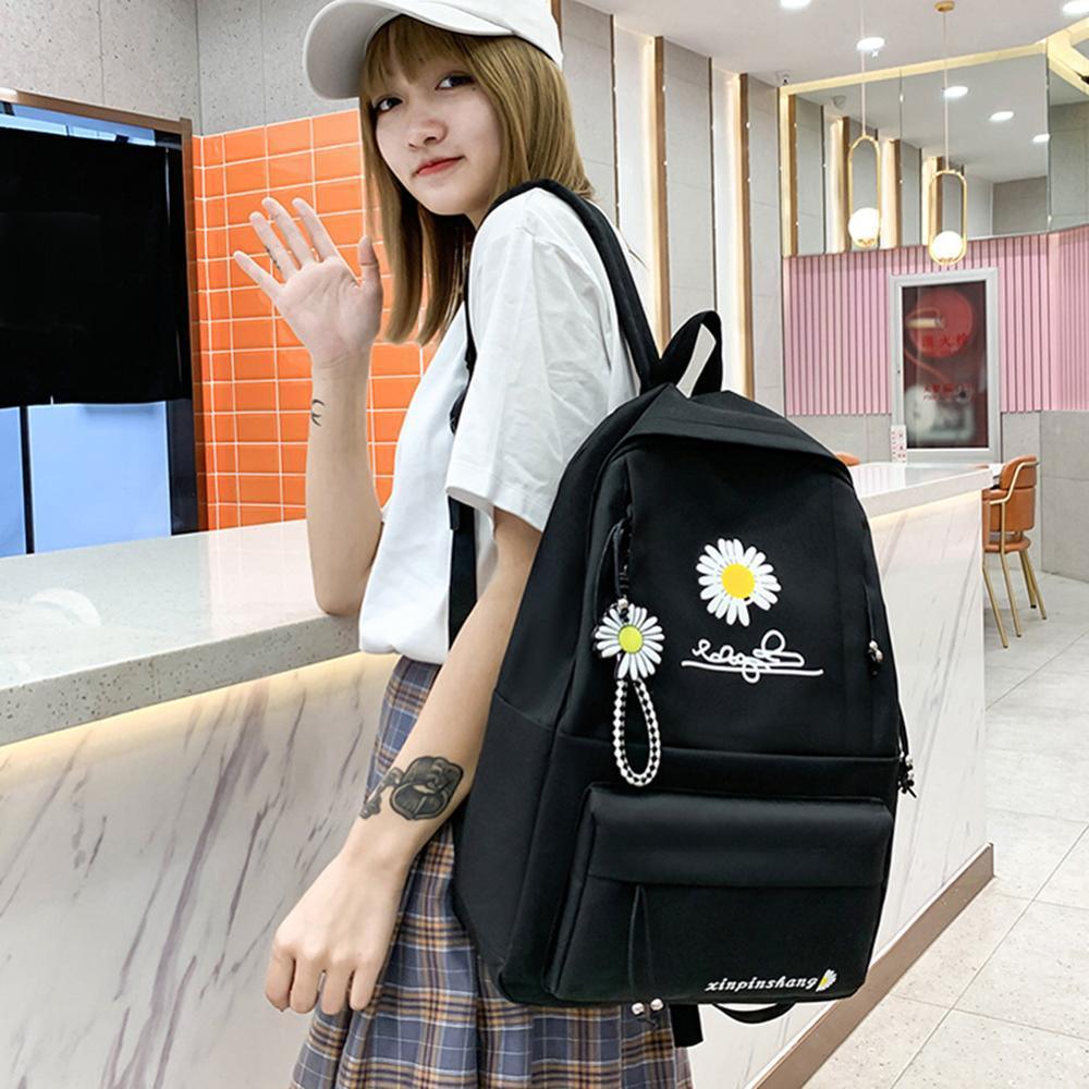 4pcs/Set Preppy Style Daisy Print Backpacks Canvas School Rucksack - VirtuousWares:Global