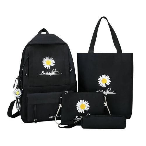 4pcs/Set Preppy Style Daisy Print Backpacks Canvas School Rucksack - VirtuousWares:Global