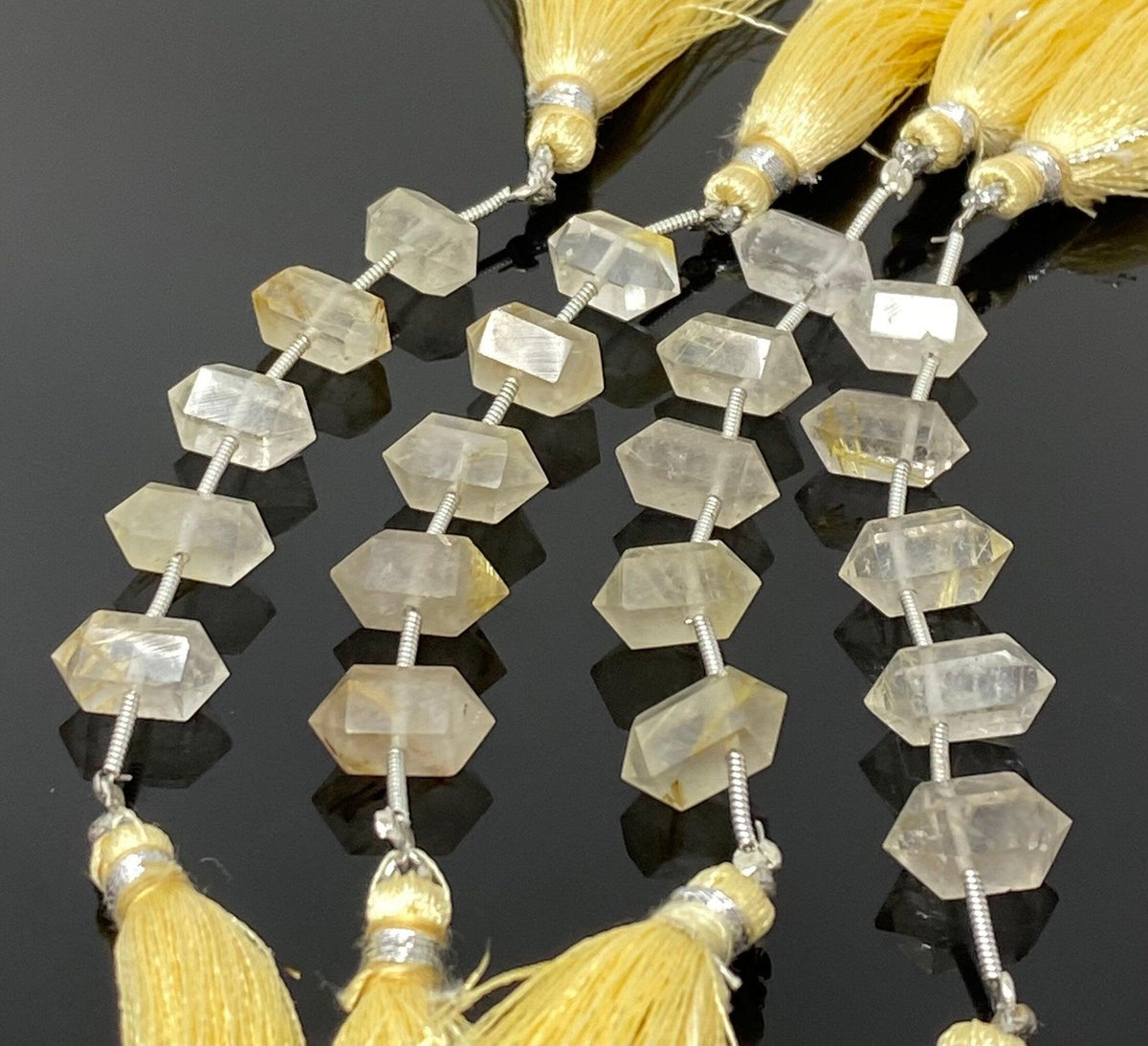 5 Pcs Yellow Rutile Quartz Double Terminated Beads, Hand Carved - VirtuousWares:Global
