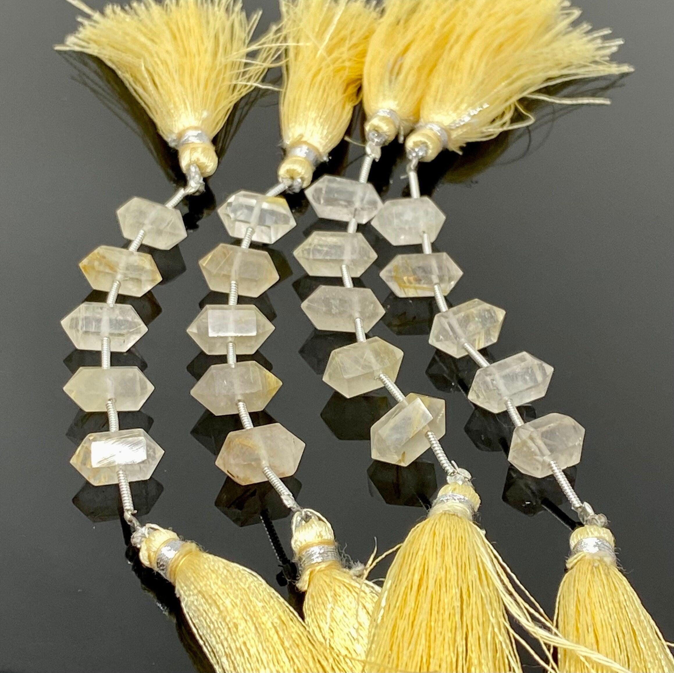 5 Pcs Yellow Rutile Quartz Double Terminated Beads, Hand Carved - VirtuousWares:Global