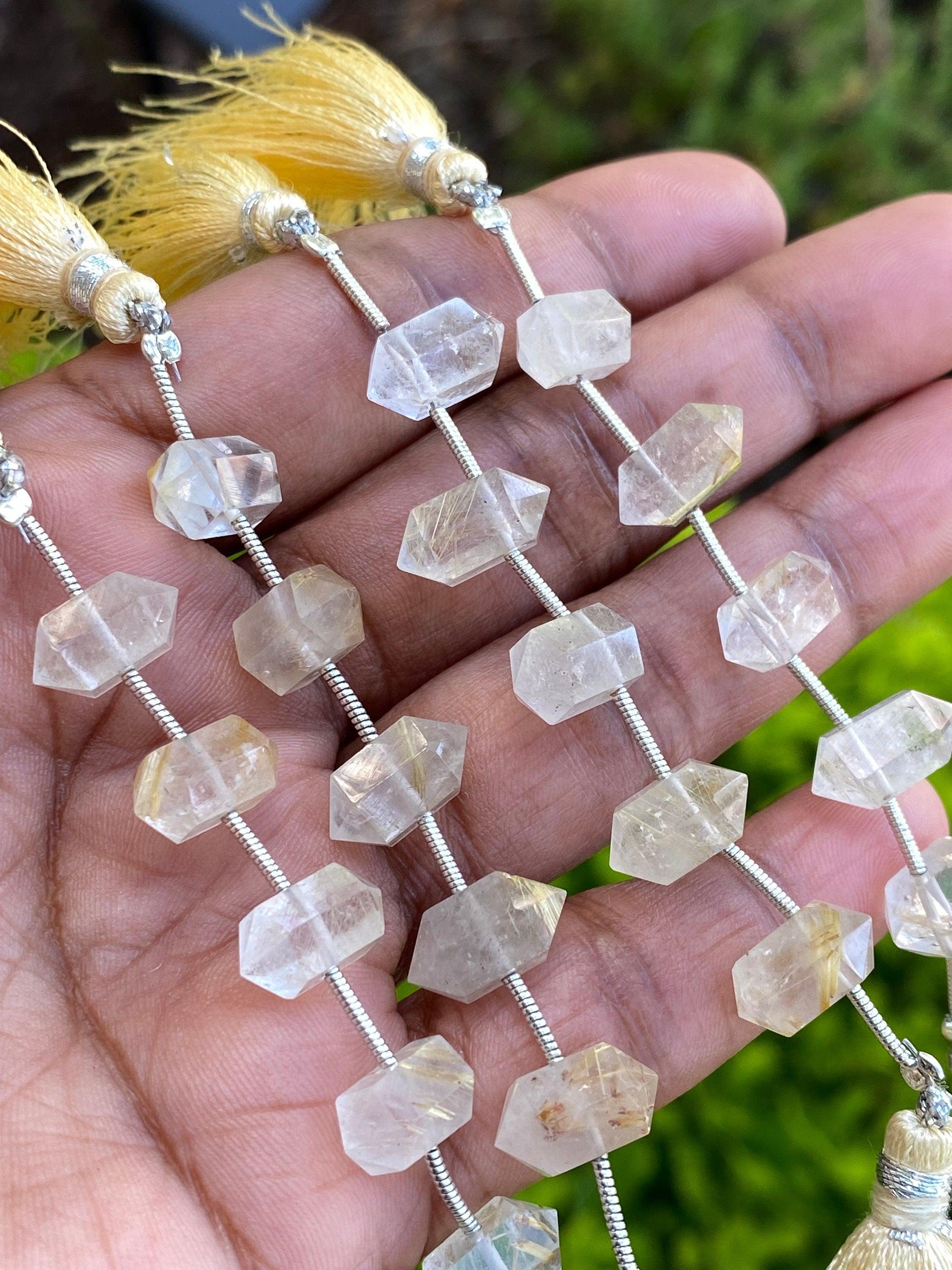 5 Pcs Yellow Rutile Quartz Double Terminated Beads, Hand Carved - VirtuousWares:Global