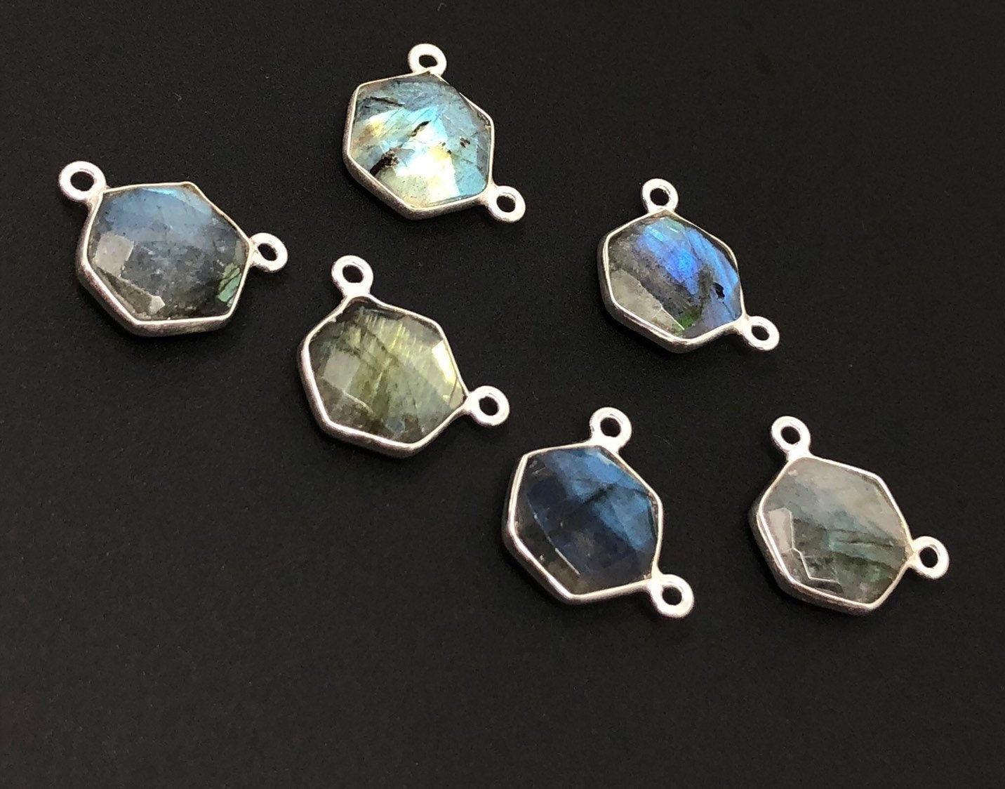5Pcs Labradorite Gemstone Sterling Silver Connectors, Hexagon Shape - VirtuousWares:Global