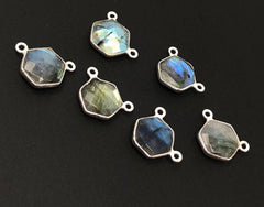 5Pcs Labradorite Gemstone Sterling Silver Connectors, Hexagon Shape - VirtuousWares:Global