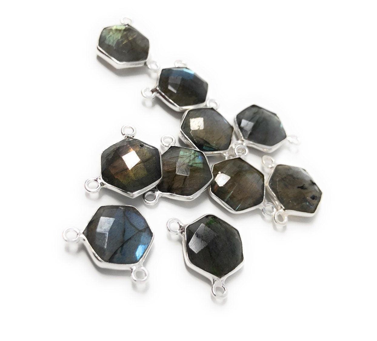 5Pcs Labradorite Gemstone Sterling Silver Connectors, Hexagon Shape - VirtuousWares:Global