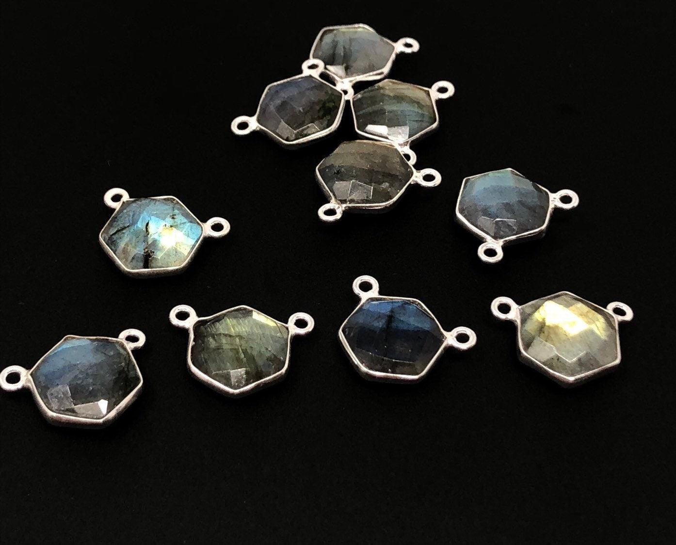 5Pcs Labradorite Gemstone Sterling Silver Connectors, Hexagon Shape - VirtuousWares:Global