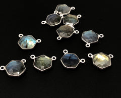 5Pcs Labradorite Gemstone Sterling Silver Connectors, Hexagon Shape - VirtuousWares:Global
