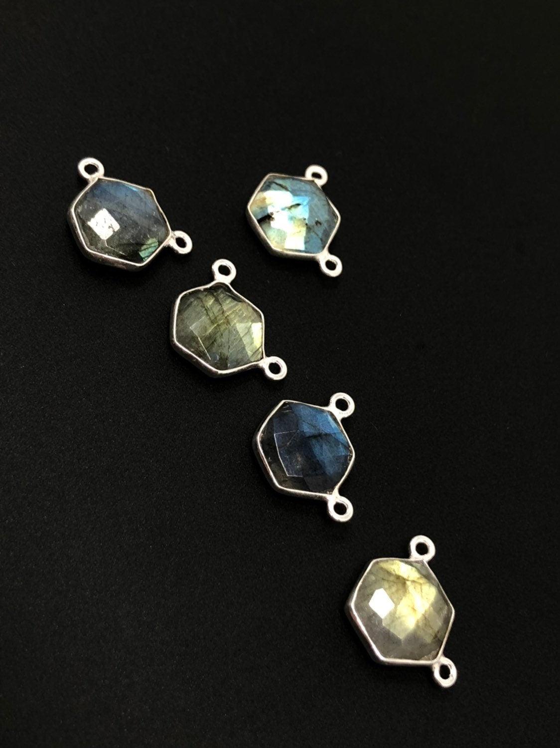 5Pcs Labradorite Gemstone Sterling Silver Connectors, Hexagon Shape - VirtuousWares:Global