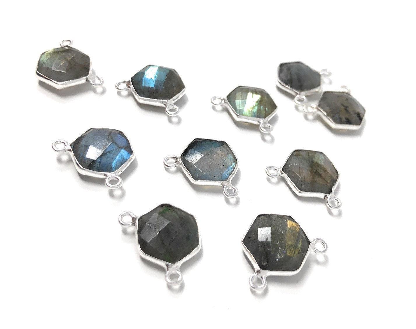 5Pcs Labradorite Gemstone Sterling Silver Connectors, Hexagon Shape - VirtuousWares:Global