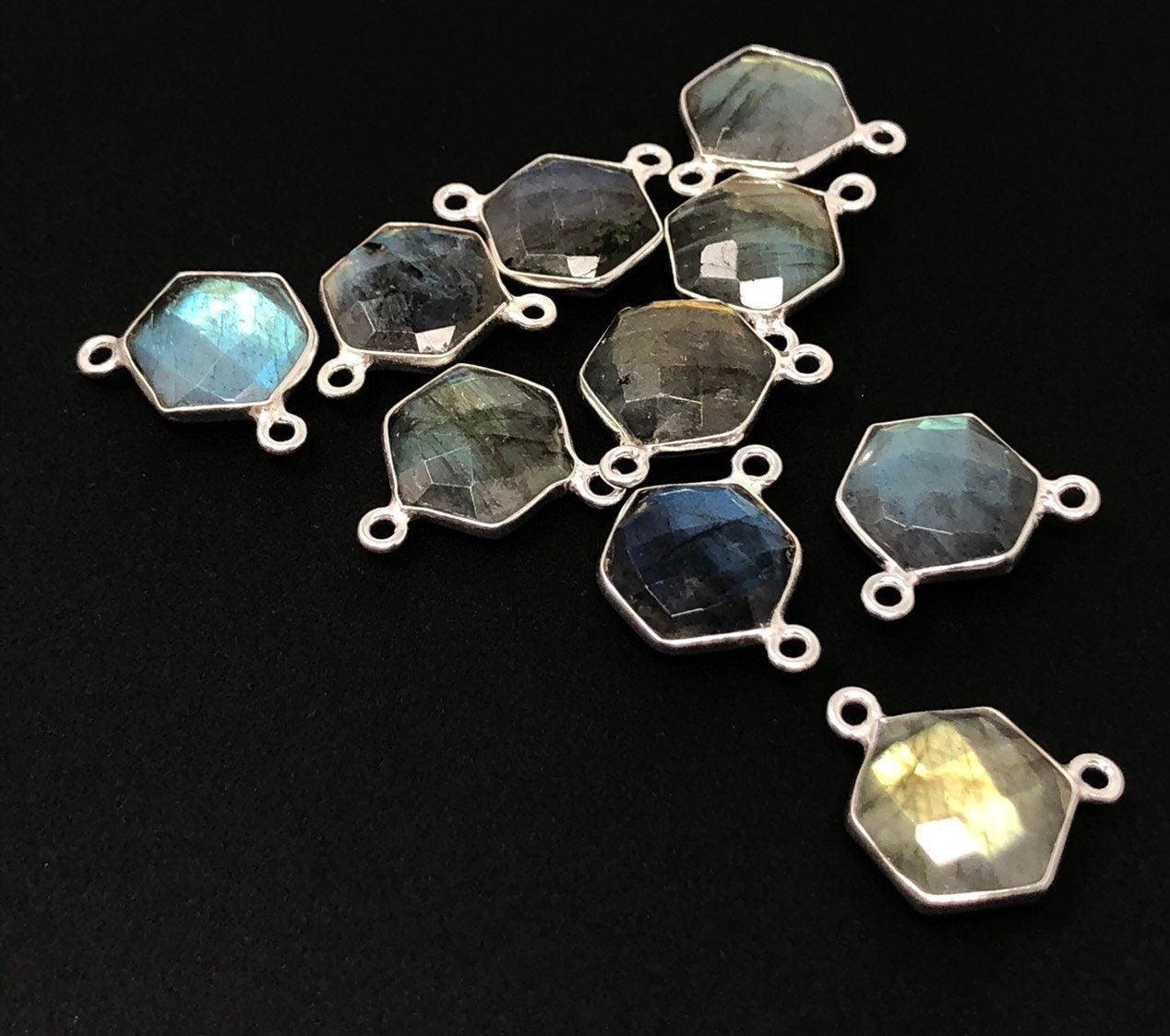5Pcs Labradorite Gemstone Sterling Silver Connectors, Hexagon Shape - VirtuousWares:Global