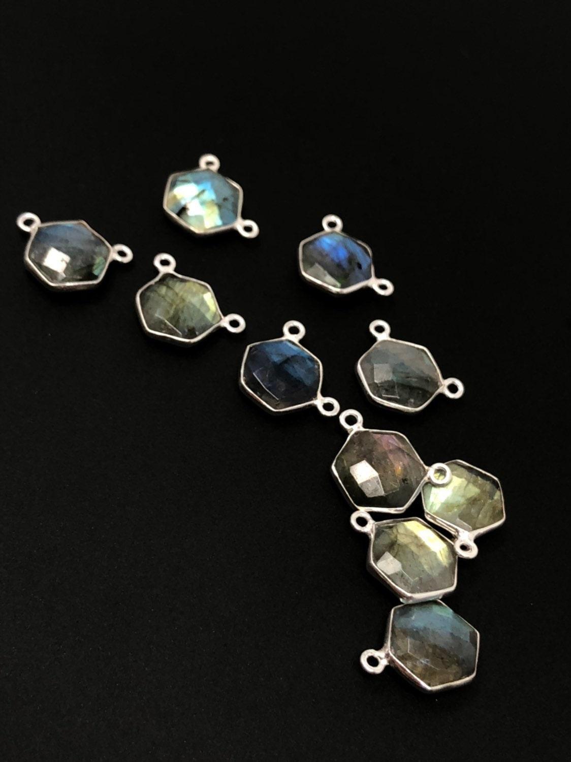 5Pcs Labradorite Gemstone Sterling Silver Connectors, Hexagon Shape - VirtuousWares:Global