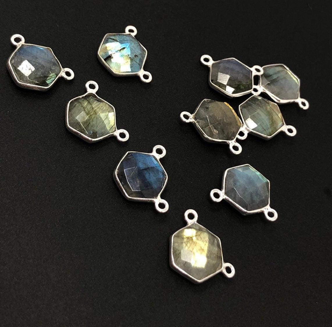 5Pcs Labradorite Gemstone Sterling Silver Connectors, Hexagon Shape - VirtuousWares:Global