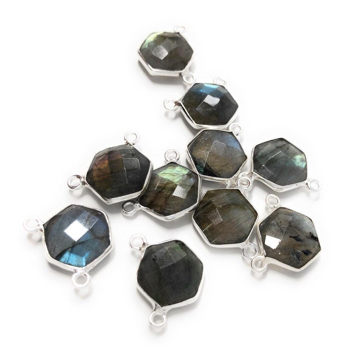 5Pcs Labradorite Gemstone Sterling Silver Connectors, Hexagon Shape - VirtuousWares:Global