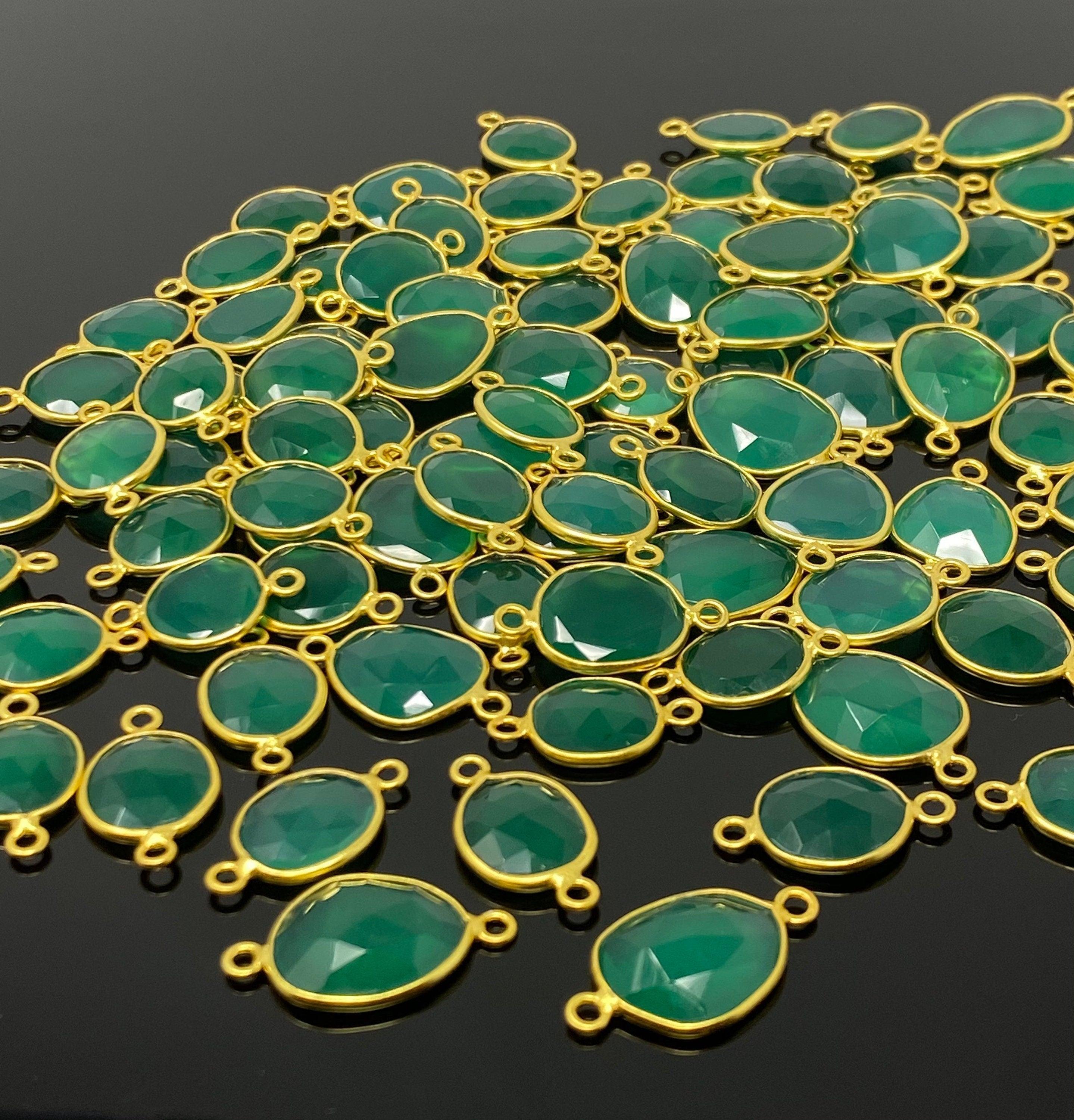 5Pcs/10Pcs Green Onyx Connectors, Gold Plated over Sterling Silver, - VirtuousWares:Global