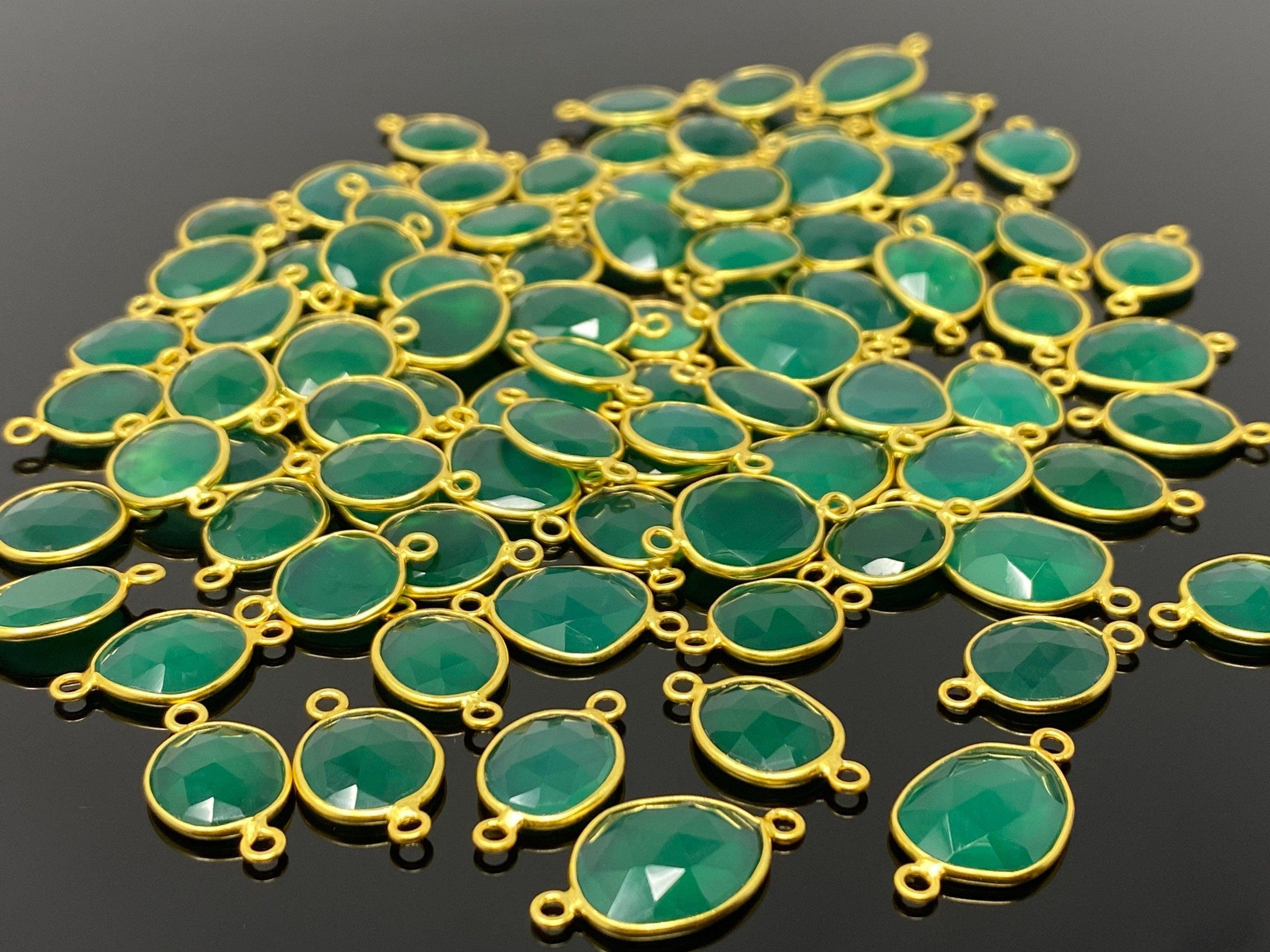 5Pcs/10Pcs Green Onyx Connectors, Gold Plated over Sterling Silver, - VirtuousWares:Global